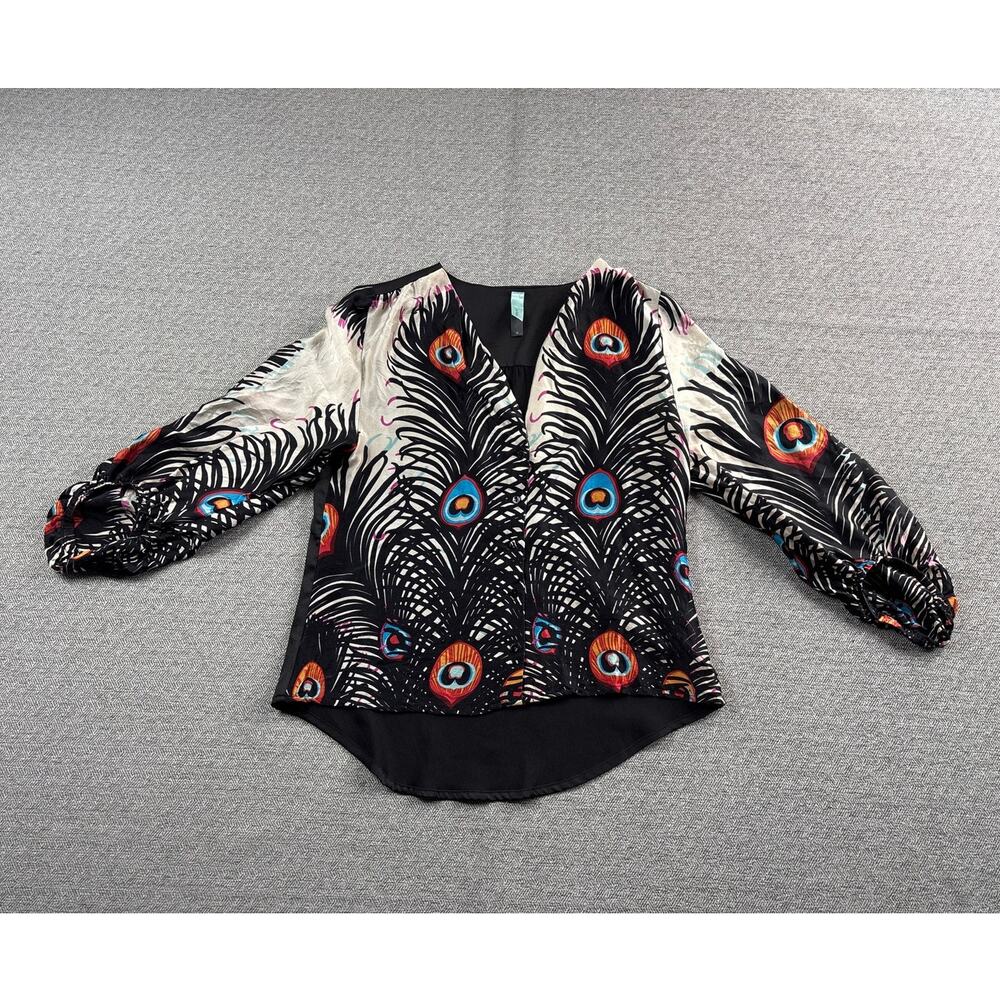 Jaloux Sz M Silk Button Up Top Peacock Black & Cream 3/4 Puff Sleeve Art Shirt